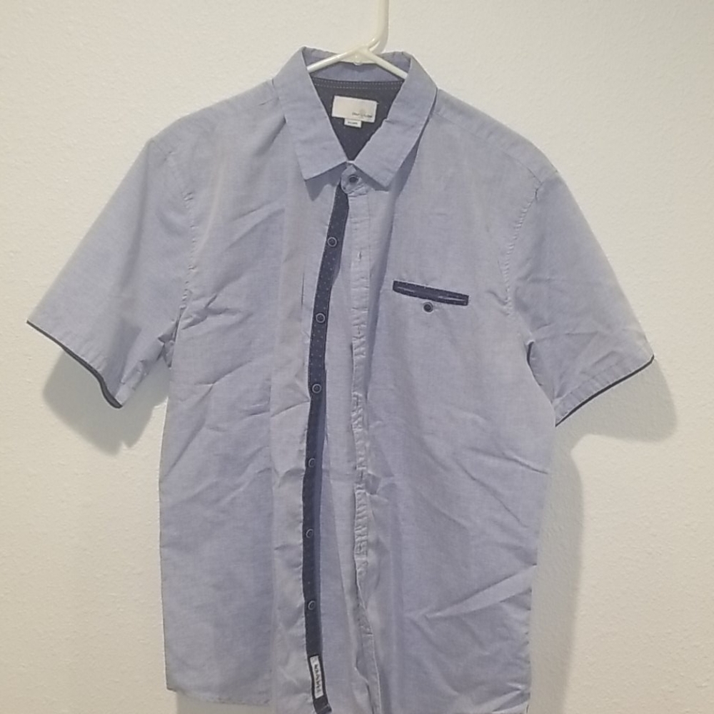 Light blue with navy pattern trim button up shirt